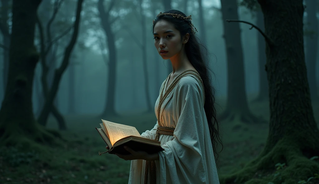 A young woman with an ethereal appearance, dressed in ancient costumes, is entering the forest at dusk. She holds an old leather-bound book, with worn pages. Her gaze is one of fascination and determination.. The shadows of the trees seem to stretch towards her, as if the forest was alive and about to swallow her. The background is dark and shrouded in mystery.