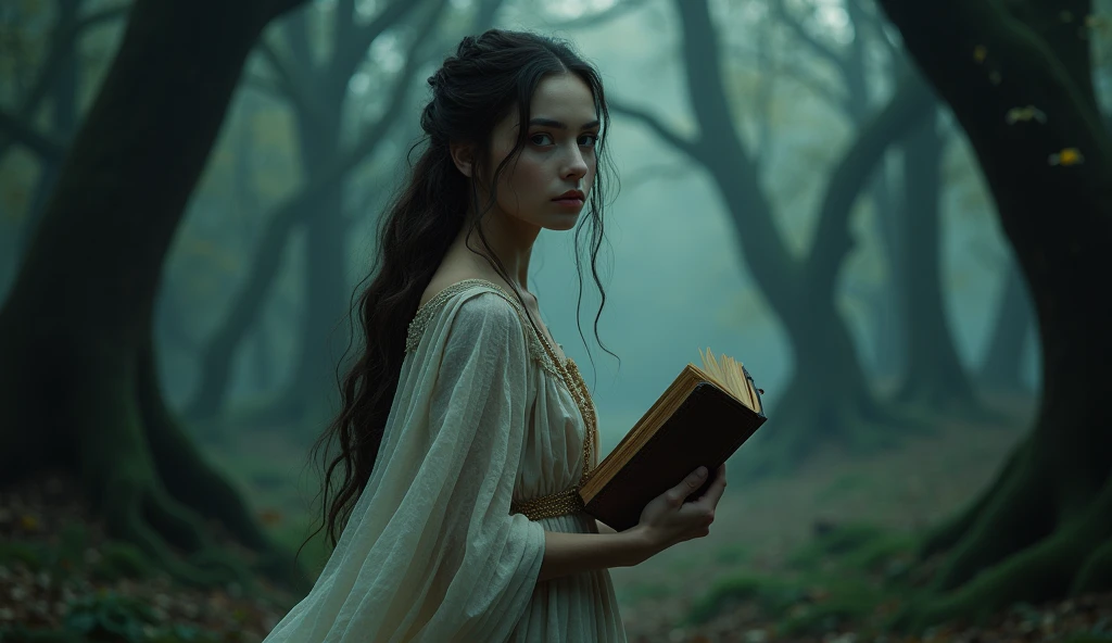 A young woman with an ethereal appearance, dressed in ancient costumes, is entering the forest at dusk. She holds an old leather-bound book, with worn pages. Her gaze is one of fascination and determination.. The shadows of the trees seem to stretch towards her, as if the forest was alive and about to swallow her. The background is dark and shrouded in mystery.