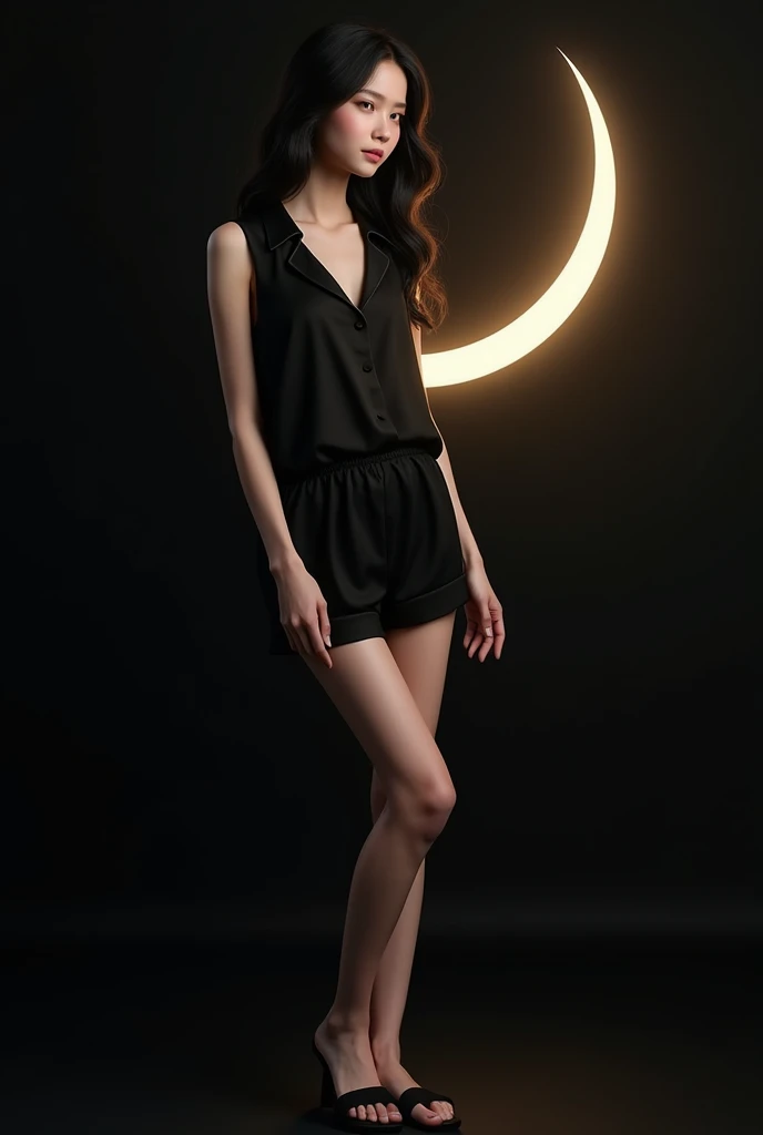 (photorealism:1.2), Asian woman with black wavy hair, wearing black pajamas, black sandals, sitting leaning on the shining crescent moon, plain black background
