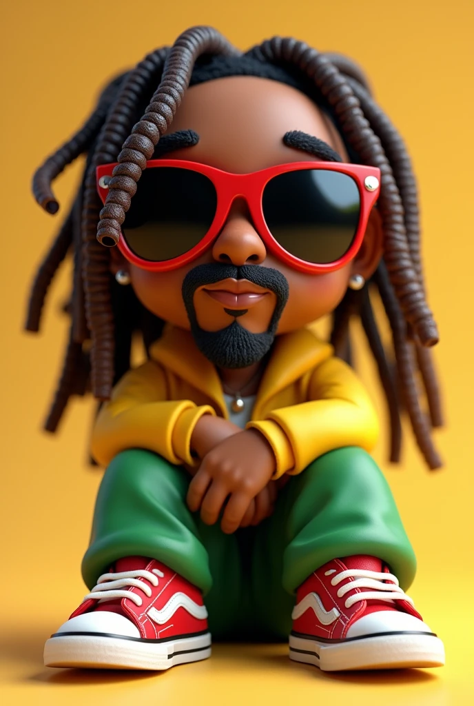 a close-up of a cartoon character wearing sunglasses and a pair of sneakers, 3d characters, arte raggae, 3d character, 3d character, 3d character art, Cartoon art style, rastafarian, 3d cartoon, 3d character render, 3d stylized, High detail iconic character, sitting on the floor, Um Anime Nendoroid de Snoop Dogg
