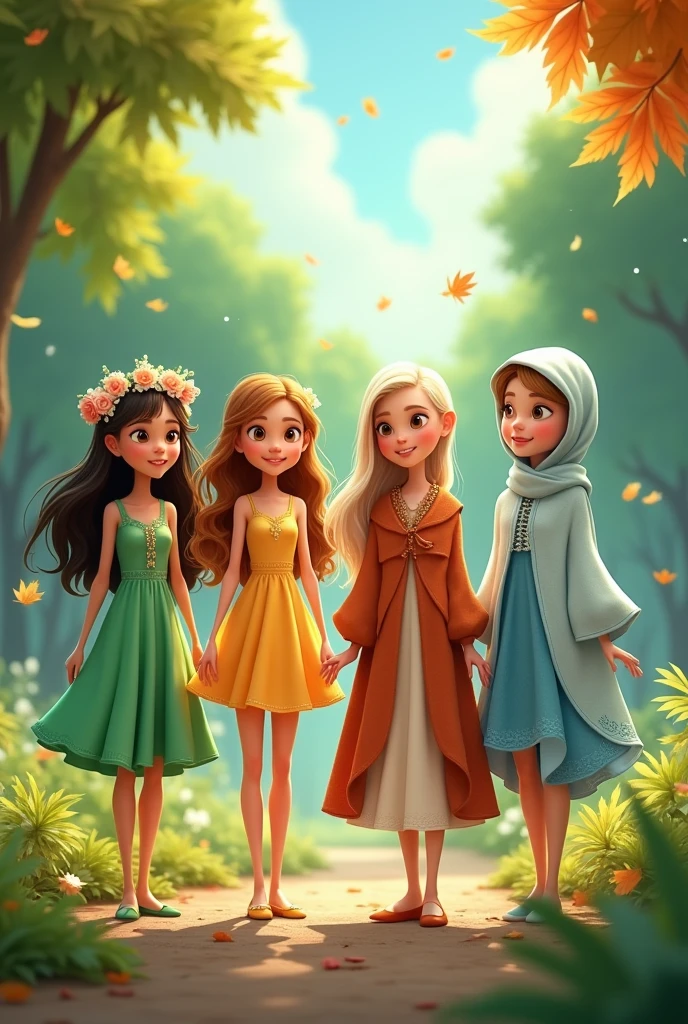 The Four Friends Together: Imagine all four seasons standing together at the edge of the forest, each in their unique attire. Spring might be surrounded by flowers, Summer by sunshine, Autumn by falling leaves, and Winter by snowflakes.in cartoons characters
