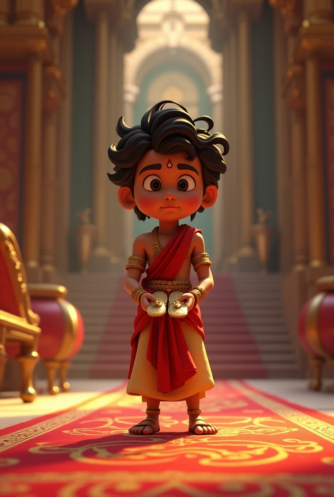 In cinematic 3D cartoon style"Bharat standing solemnly in a palace hall, holding Rama’s sandals with reverence. The room is richly decorated, emphasizing the royal setting of Ayodhya. Bharat is dressed in traditional royal attire, with a look of devotion and resolve.
Bharat’s Dedication:"