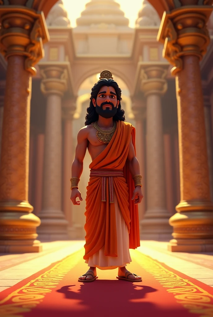 In cinematic 3D cartoon style"Bharat standing solemnly in a palace hall, holding Rama’s sandals with reverence. The room is richly decorated, emphasizing the royal setting of Ayodhya. Bharat is dressed in traditional royal attire, with a look of devotion and resolve.
Bharat’s Dedication:"