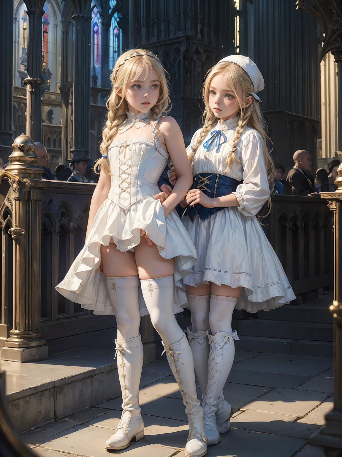(((fantasy, cathedral:1.4))), (((midnight:1.4))), masterpiece, best quality, ultra-detailed, high resolution, extremely detailed cg, 8k, beautiful detailed eyes, depth of field, perfect anatomy, super detailed skin, cinematic lighting, dynamic lighting, anime picture, shiny hair and skin, detailed outfit, 【break】, ((cowboy shot, looking down , standing, stylish poes:1.3)), (((a 1girl is , child, little young girl age8, soro:1.6))), ((afterglow)), (((blonde hair, Braided hair:1.3))), (beautiful detailed blue eyes), white-skinned, (((child short stature, child body shape, young face, cute face, small breasts, slim:1.4))), , wizard, ((Pure white silk, white blouse:1.3)), ((blue mini skirtt, blue corset, blue mantle:1.4)), ((White knee-high stockings:1.2)), ((white short boots))