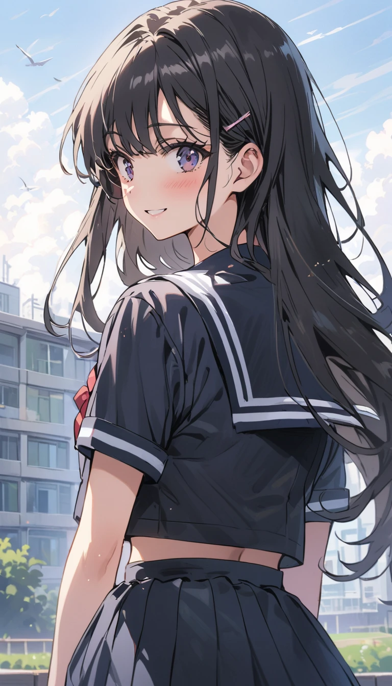 high school girl　beauty　Black Hair　smile　Embarrassing　blush　Black Sailor Suit　The wind flips up my skirt　Striped underwear　tits　Back view　Butt　Strong winds　Schoolyard　Photograph the whole body