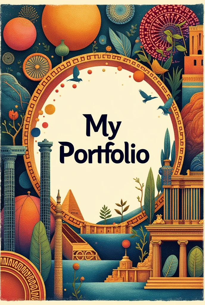 Make a a3 size good quality and with ealistic visuals cover page with title "My Portfolio" (write right spellings) with a collage of picture including a little zentangle art, Egyptian art, roman architecture, greek architecture and make it colorfull, show just cover not any background, Add title My Portfolio in middle of page and bold letters add some zentangle art in this pic in some areas of it, add zentangle art mandala art and roman architecture as well use same picture with additions of zentangle art