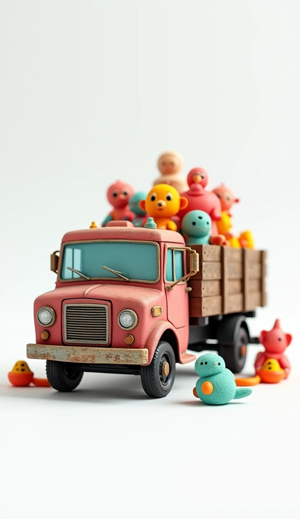 A small truck with children's toys behind and below the white background There will be only Tirak, there will not be any character inside it, the mother of Iraq will be 3D real truck