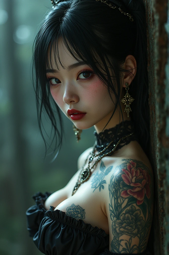 Asian Gothic Girl with many tattoos jewelry and piercings