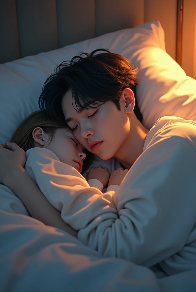 Taehyung BTS , lying on the bed , and beside him there was a who was also sleeping