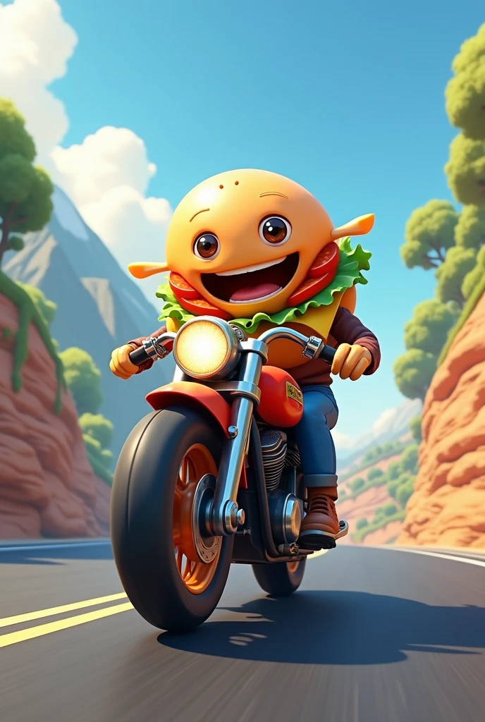 Make an animated burger riding a motorcycle