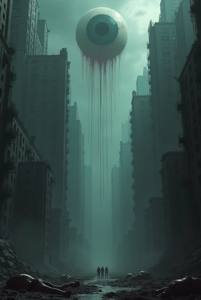Infinite buildings, upside down and normal buildings, depressing  lighting  blood dripping downwards from upside deown buildings, ruined buildings scary scemery, dreadful scenery domain expansion photo realism, infinite buildings many buildings scary portait huge eyeball looming through the sky, corpses