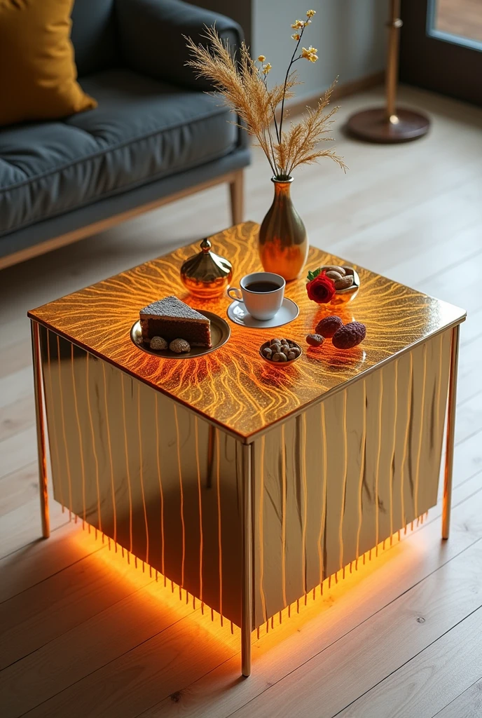 

**Small square coffee table, perfect for serving coffee, handcrafted with a two-way mirror glass top, creates a stunning visual effect resembling an endless deep tunnel, lit from within by warm orange LED lighting.** The sides are covered in an epoxy layer interspersed with shiny gold stripes, with the addition of a shiny gold stripe extending around the entire sides to add an extra touch of luxury and a modern look.. **The table is supported by elegant golden legs inspired by the design shown in the picture, as the legs consist of thin golden rods that hang vertically, giving the table a unique and modern look..** Gold stripes intertwine with the epoxy and complete the stunning artistic design.. The table is decorated with simple decorations such as golden swags, small flowers, a cake, nuts, a red rose, and a tea cup.. The table is placed on a light-coloured wooden floor, enhancing the contrast between modern design and classic luxury.. The table combines elegance and simplicity, making it a distinctive piece of art in any room or living room..
