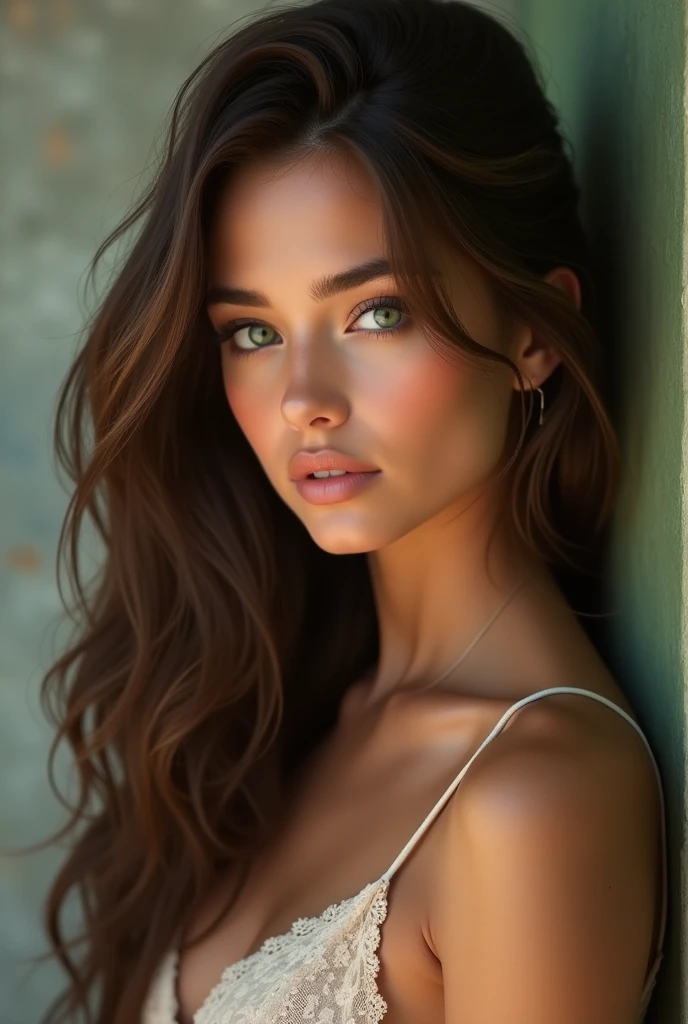 She is 2, with natural beauty and perfectly balanced features. Her skin is soft and luminous, highlighting her harmonious curves. Her long, silky hair, a deep brown with subtle highlights, falls elegantly over her shoulders. Her eyes, a piercing emerald green, captivate with their depth and mystery. She has a slender and athletic figure, with a slim waist and delicately defined hips. Her style is elegant and sensual, preferring outfits in silk and lace that suggest rather than reveal, subtly emphasizing her natural assets.