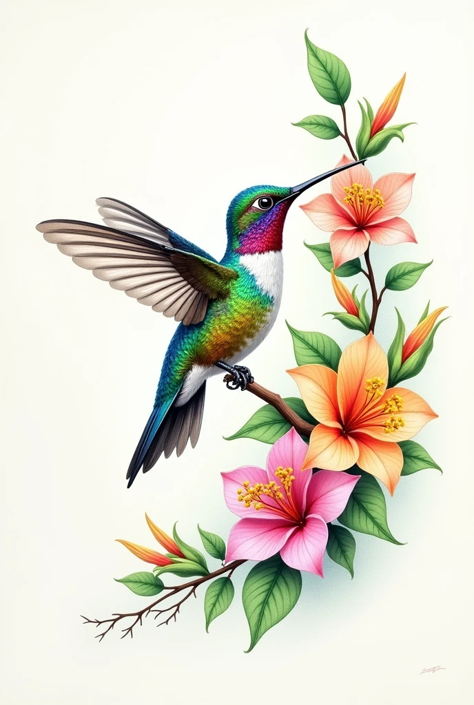 Hummingbird, bright, colorful, detailed, high quality, drawing of each first, on a branch with flowers