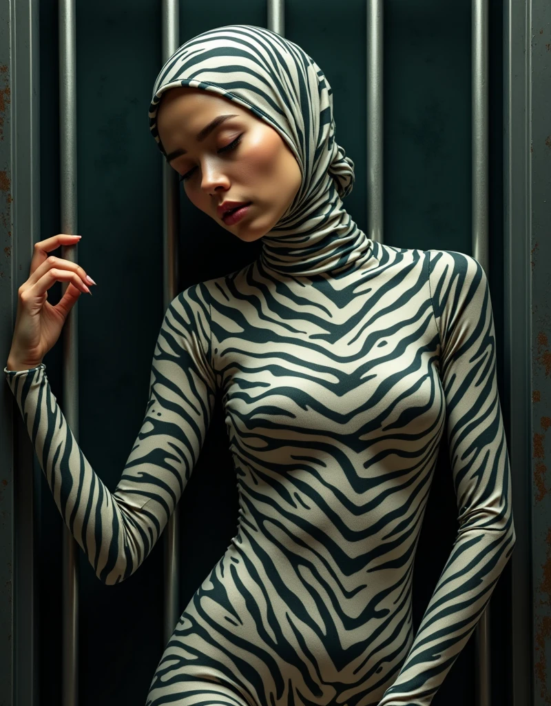 The beautiful,thin and clever asian muslimah adult girl with beautiful cheeks wears mountain zebra print lycra turtleneck unitard catsuit covered with stripes and mountain zebra print lycra elastane stretchy dancewear shawl hijab covered with stripes.She is sleeping in the cage.She always put fake zebra print stripes that are made of animal makeup marker kit.