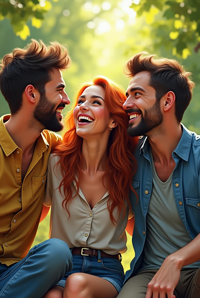 Generate image of 3 friends, one is female and 2 are male