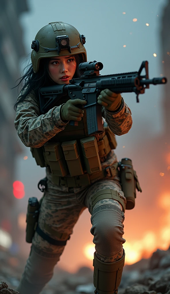 Photo-realistic, ultra-realistic, (very beautiful Japanese, famous Japanese idol:1.3), (Fully equipped for battle:1.5), holding m4a1 large assault rifle, (amazing view of A building destroyed by a missile explosion:1), (she is very scared and crying:1), (wearing an army soldier's Camouflage outfits with military helmet:1.5), (at a battle field of Abandoned Building at night), very large breasts, (tactical vest, military harness:1.3), (military long boots:1), acrobatic pose, Fighting urban warfare, dynamic angle, spectacular, Nimble movements, Sharp turns, (aim and shoot:1.3)