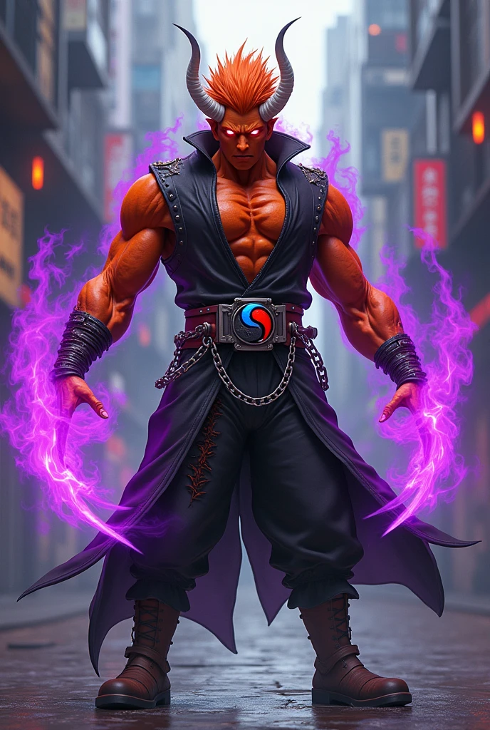 Male demon age 20, orange skin,glowing red eyes, black sclera, deep and cute eyes, black vest, vest is red into, arms on violet flames, cyberpunk japanese style, belt with a blue and red ying yang, chains around the belt, athletic, magic powers, action, cunning look, leather brown boots with metal pins, black cat nails, jojo's pose, orange hair, white long hornes, hollow horns