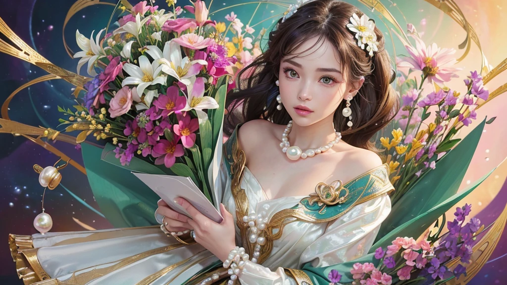 32K, 最高quality, 最高masterpiece, (ultra-Detailed Background, Detailed Background), High resolution, Super detailed, Very detailedな, 1 personの, (bouquet:1.3), (Tangled:1.2), (Geometric:1.2),(colorful),(masterpiece, quality, best quality, Official Art, Beautiful and beautiful:1.2), (1 person:1.3), Very detailed,(colorful:1.1)(Flowers:1.3),Most detailed,(Tangled:1.2), whole body, (Abstract background:1.3), (Skin glows), (Many colors:1.4), ,(Earrings Pearl:1.5), Light green background, It's imaginative., Brunette Hair, Updo, Holding a book, Holding a pen, Satin shirt,