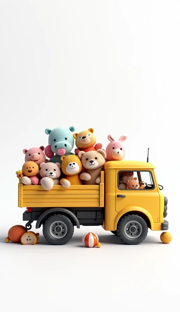 A small truck with children's toys behind and below the white background There will be only Tirak, there will not be any character inside it, the mother of Iraq will be 3D real truck realistic big