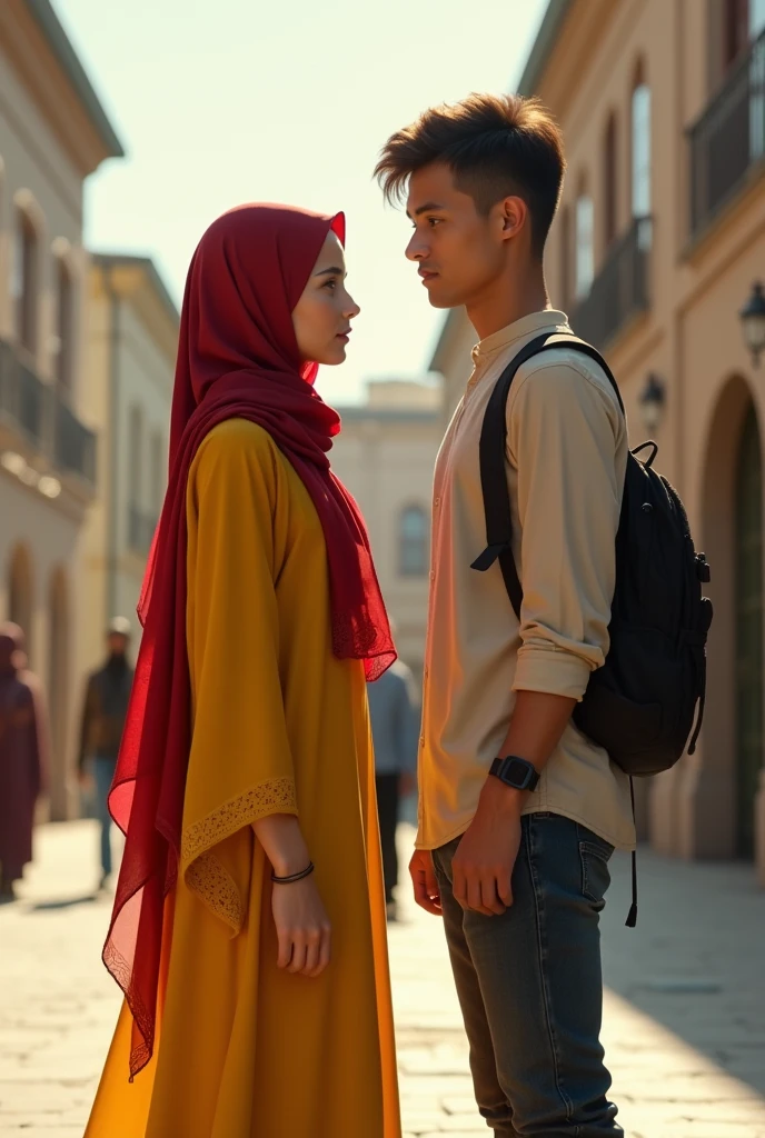 A girl in yellow abaya with red head covering standing with handsome slim boy in university 