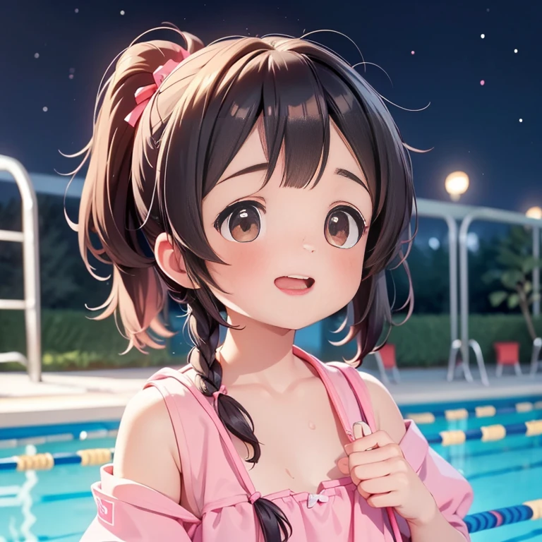 Highest quality、High resolution、Detailed Background、(Beautiful face in every detail:1.4)、Anatomically correct、(Detailed facial expressions)、(Fine grain:1.2)、8-year-old beauty、cuteカラーの髪色、Braided Ponytail、Braided bob cut、Braided twin tails、Navy School Swimsuit、(Flat Chest)、Perfect body line、Thick thighs、Please show me your whole body、
(Five beautiful girls in school swimsuits having fun in the school pool:1.5)、
Big smile、Laughing with your mouth open、My whole body is wet、Hair is also wet、Fun atmosphere、Embrace each other、cute仕草、cute