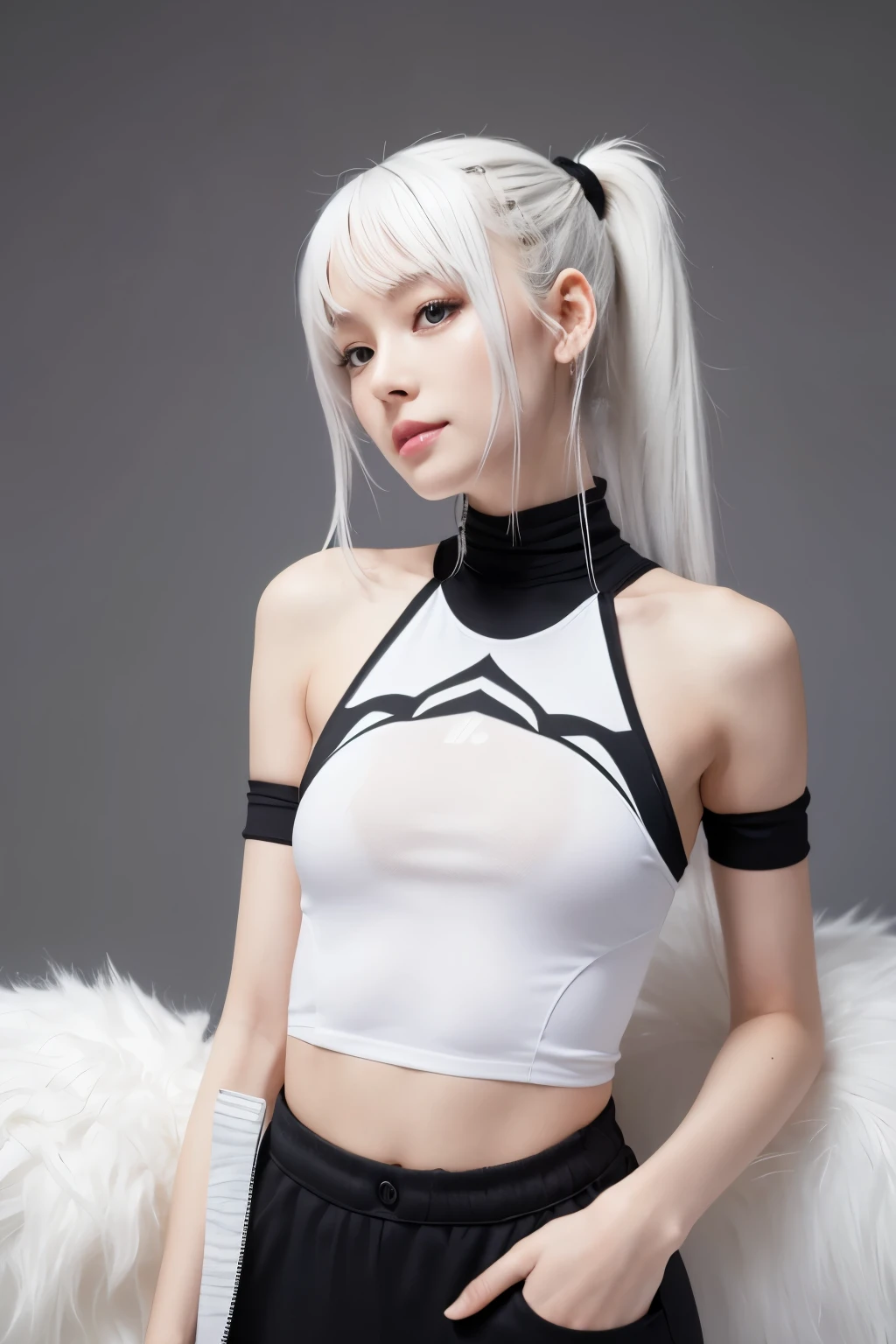 Lower body is spider and upper body is human、White hair in a ponytail