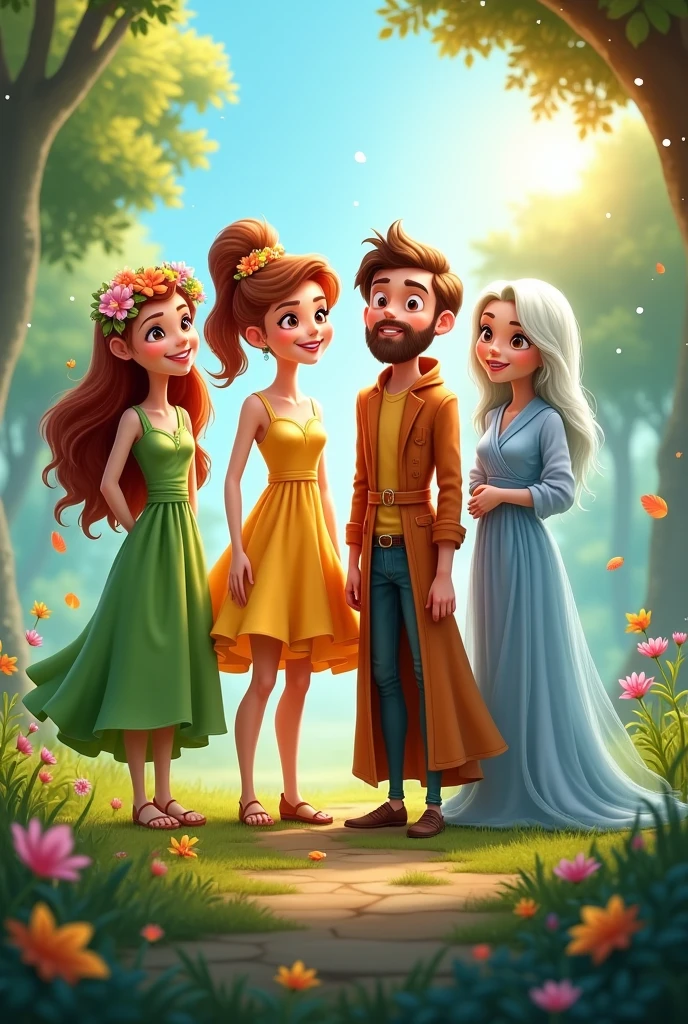 The Four Friends Together: Imagine all four seasons standing together at the edge of the forest, each in their unique attire. Spring might be surrounded by flowers, Summer by sunshine, Autumn by falling leaves, and Winter by snowflakes.in cartoons characters 