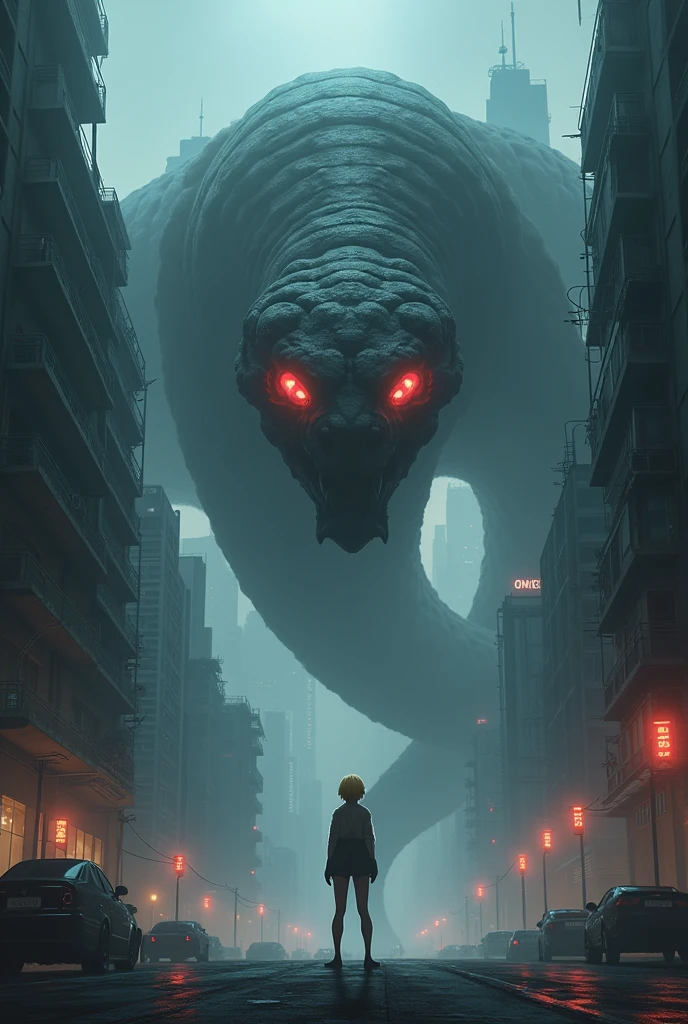 The image is anime style with shadows and dim lights, anime style although somewhat adult and dark, It shows a colossal snake made of shadows, flying over the skyscrapers of a city, Many red eyes appear on his body. On his head he has four red eyes on each side. and has wings also black like shadows, and irregular. She is facing a blonde female android who looks like a flea in front of her.