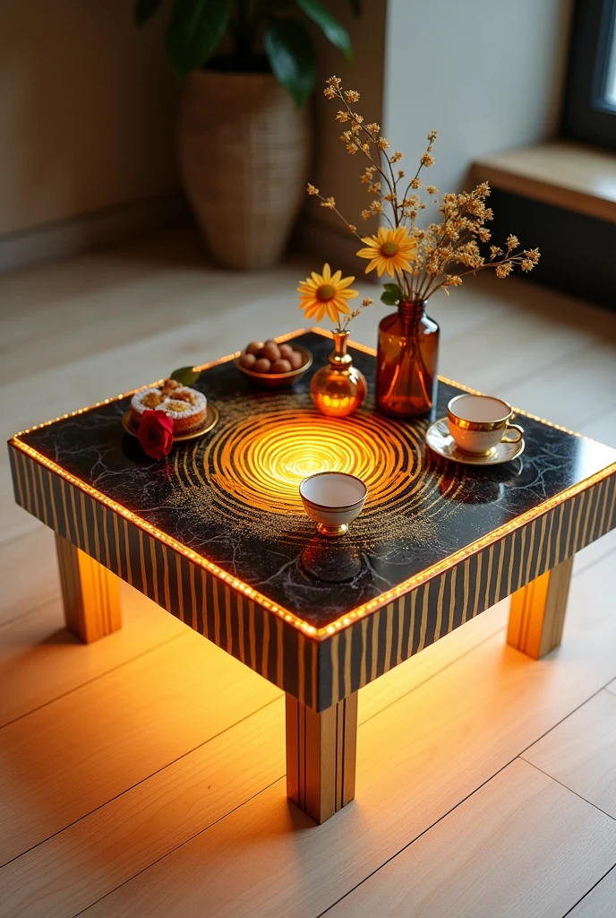 

**Small square coffee table, perfect for serving coffee, handcrafted with a two-way mirror glass top, creates a stunning visual effect resembling an endless deep tunnel, lit from within by warm orange LED lighting.** The sides are covered in an epoxy layer interspersed with shiny gold stripes, with the addition of a shiny gold stripe extending around the entire sides to add an extra touch of luxury and a modern look.. **The table is supported by elegant golden legs inspired by the design shown in the picture, as the legs consist of thin golden rods that hang vertically, giving the table a unique and modern look..** Gold stripes intertwine with the epoxy and complete the stunning artistic design.. The table is decorated with simple decorations such as golden swags, small flowers, a cake, nuts, a red rose, and a tea cup.. The table is placed on a light-coloured wooden floor, enhancing the contrast between modern design and classic luxury.. The table combines elegance and simplicity, making it a distinctive piece of art in any room or living room..
