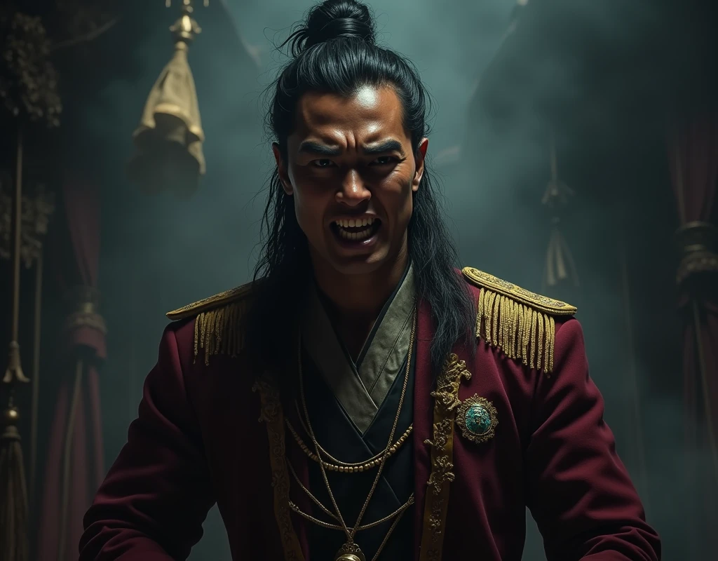 Malay Admiral getting Mad,wearing Malay attire,Hang Tuah,dark,scary,revenge,powerful,young and handsome,strong,bold,male,using Baju Melayu,Malay face

