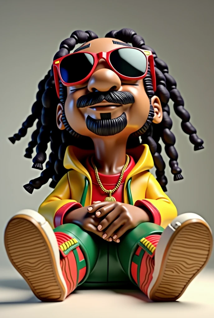 a close-up of a cartoon character wearing sunglasses and a pair of sneakers, 3d characters, arte raggae, 3d character, 3d character, 3d character art, Cartoon art style, rastafarian, 3d cartoon, 3d character render, 3d stylized, High detail iconic character, sitting on the floor, Um Anime Nendoroid de Snoop Dogg