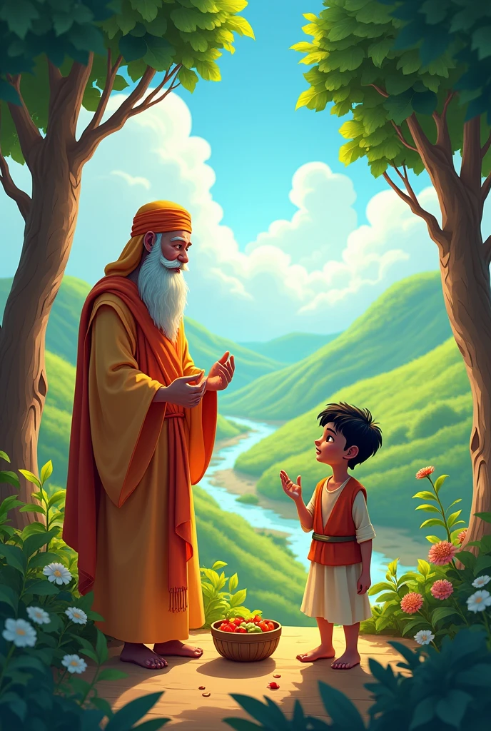
In cinematic 3D cartoon style "Create an intricate and evocative illustration depicting the scene from the story of Kabir Sahib, Summan, and the stolen food."