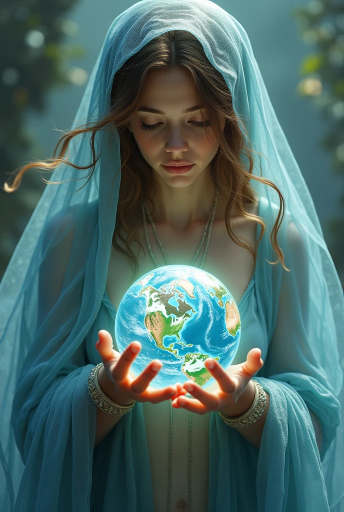 Our Lady with planet Earth in her hands, blue veil and brown hair