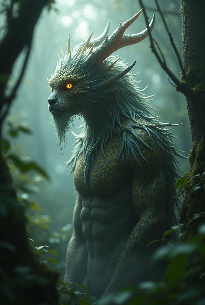 Produce highly detailed and atmospheric views of mystical woodland creatures set in a sultry jungle environment. The creature has an otherworldly appearance, with intricate body paint resembling crackling flames. The creature's face is a Japanese mythological god, with sharp angles and dense with mist, with tall trees and a moody, ethereal atmosphere, emphasizing the creature's connection to the forest. mystical.