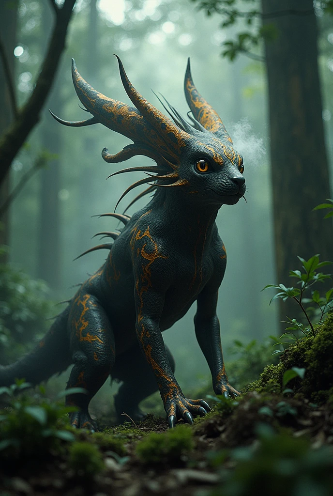 Produce highly detailed and atmospheric views of mystical woodland creatures set in a sultry jungle environment. The creature has an otherworldly appearance, with intricate body paint resembling crackling flames. The creature's face is a Japanese mythological god, with sharp angles and dense with mist, with tall trees and a moody, ethereal atmosphere, emphasizing the creature's connection to the forest. mystical.