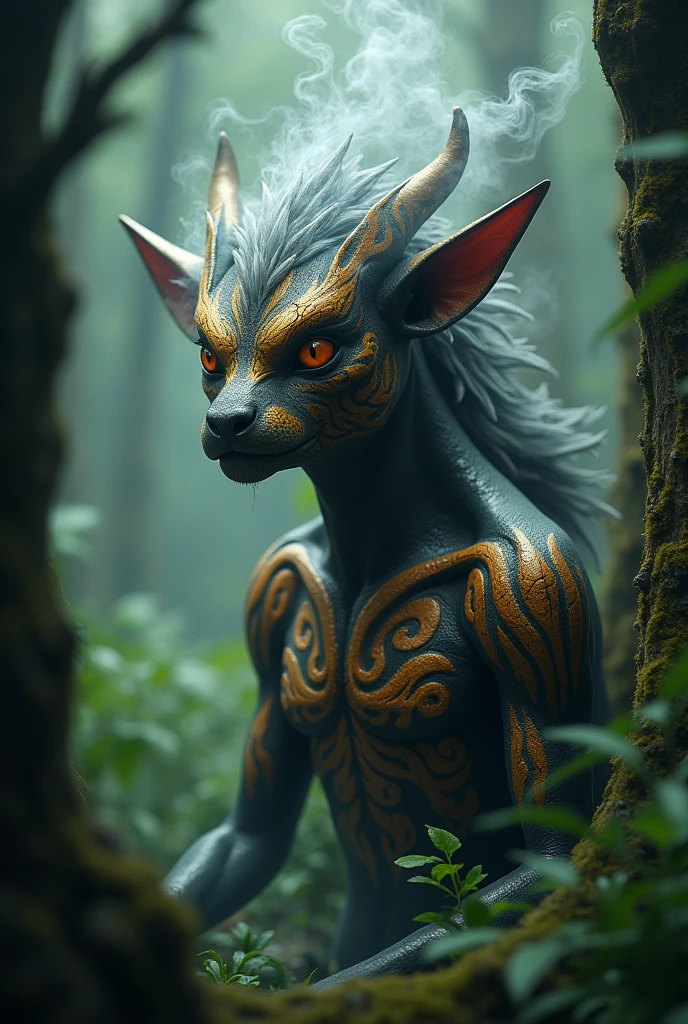 Produce highly detailed and atmospheric views of mystical woodland creatures set in a sultry jungle environment. The creature has an otherworldly appearance, with intricate body paint resembling crackling flames. The creature's face is a Japanese mythological god, with sharp angles and dense with mist, with tall trees and a moody, ethereal atmosphere, emphasizing the creature's connection to the forest. mystical.