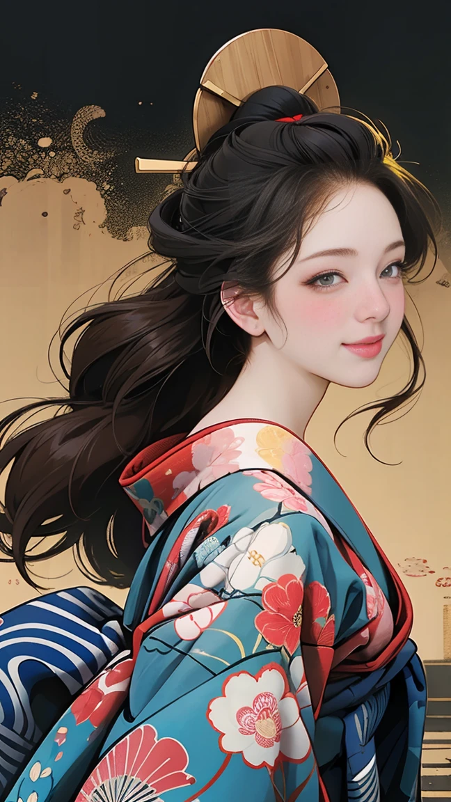 SeaArt creates stunning digital illustrations of beautiful women in kimono、A beautiful woman smiles and shows her upper white teeth、Vividly colored digital illustrations reminiscent of Ukiyo-e、Brown-black long hair、Beautiful full body style、If you want to dance, try the Tokyo Ondo~Yoiyoi、Yukata looks good too、Beautiful and innovative digital anime paintings,、 Detailed digital anime art in the background、Shrines and temples in Kyoto、Beautiful digital animated portrait、