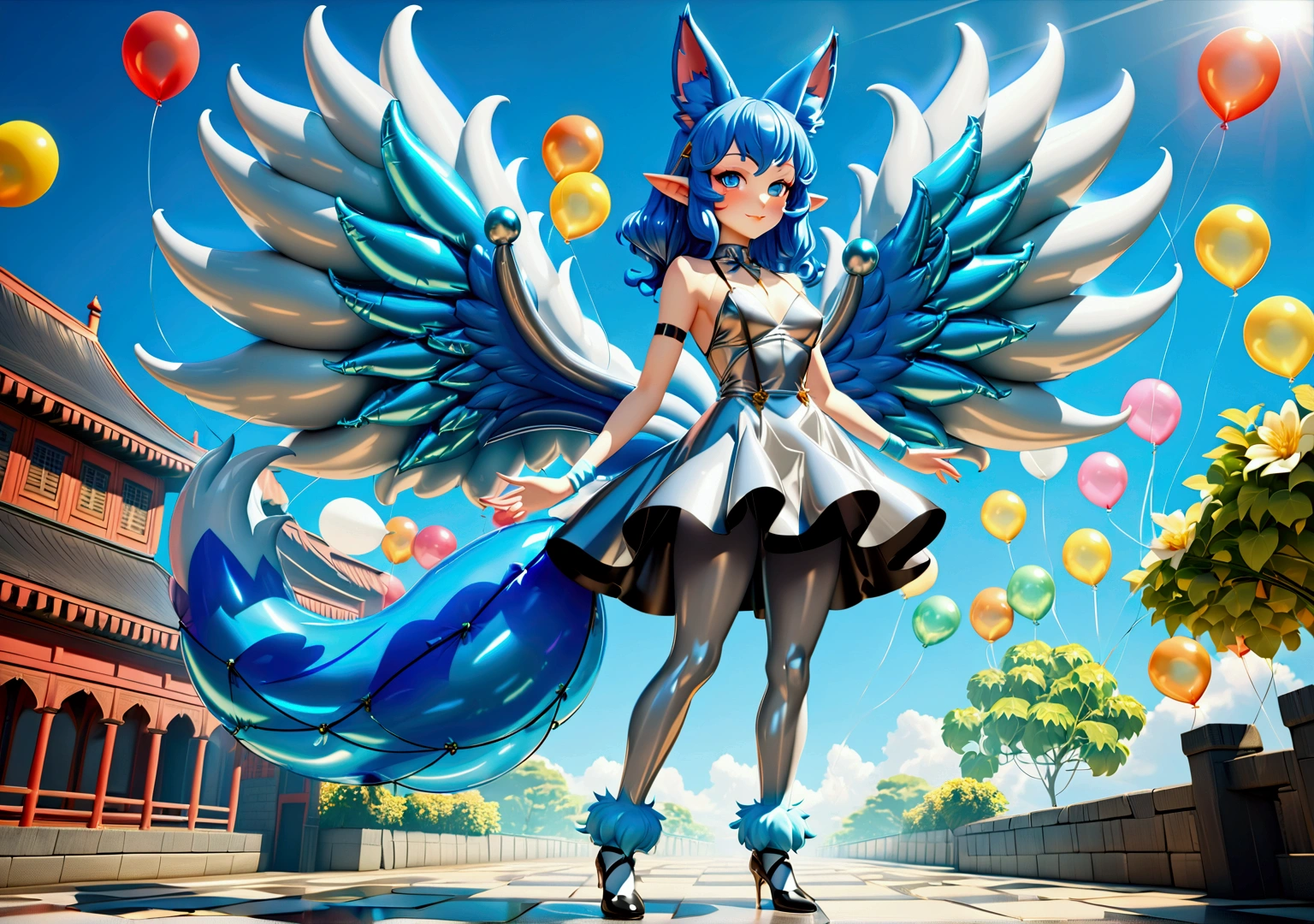 Exquisite inflatable fox furry blue fur female nine balloon tail 3d smooth transparent rubber balloon metal gray big devil wings devil horns smooth full body transparent metal white rubber clothes balloon full body picture front