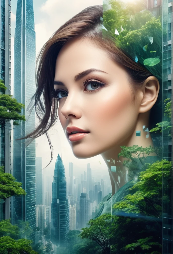 (Double exposure: 1.5_Beautiful woman's face in detail, high-rise buildings inside transparent woman's figure, dense tree forest), Super HD, Realistic stock photo, Best quality,