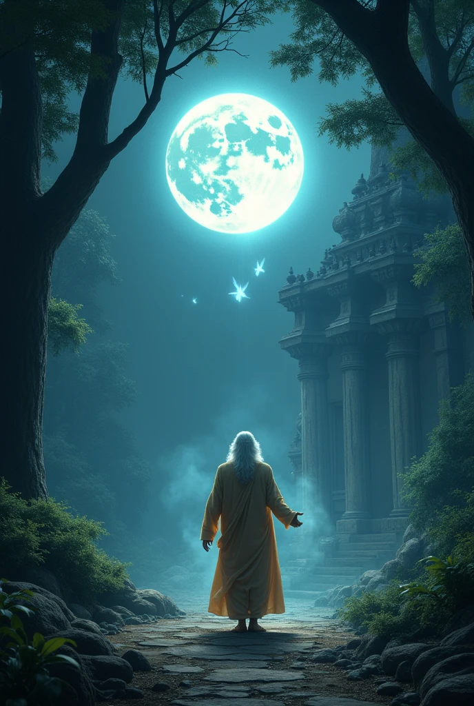 A serene and mystical ancient Indian forest setting at night, with a glowing full moon illuminating the scene. In the center, a wise and aged sage (Rishi Bhrigu) in traditional ascetic robes, performing a sacred ritual. He is surrounded by an aura of divine light, symbolizing his devotion. The scene includes ancient Indian architecture in the background, with a sense of spiritual ambiance. Mysterious, faint shadows or spirits are subtly visible, adding a hint of suspense and magic. The image should convey a sense of reverence, mystery, and divine presence."