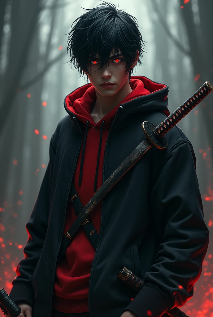 A male character with red eyes, black hair tossed to one side, a black sweatshirt with red details, and a bruised katana 

