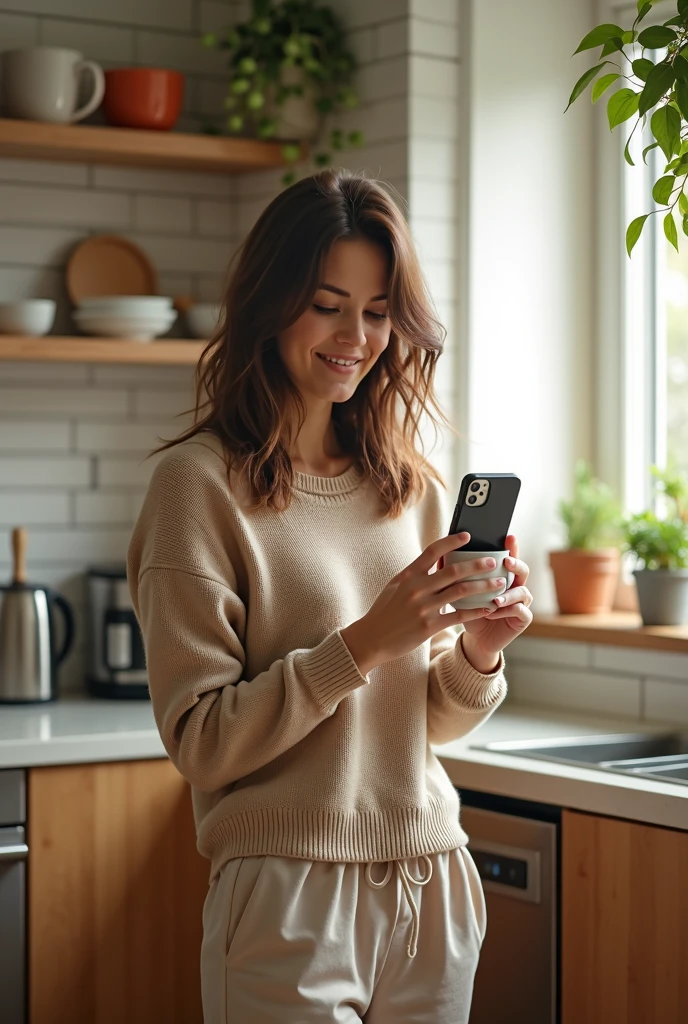 The young brunette woman in her twenties is in a modern and bright kitchen. She is wearing a beige wool sweater and comfortable jogging pants. Her shoulder-length hair is down and slightly messy, as if she had just gotten up. She is standing at a marble counter, holding a cup of coffee in her hand, and looking into the lens of her smartphone with a slight smile. The kitchen is equipped with stainless steel appliances, with open shelves holding colorful mugs and bowls. Hanging plants add a touch of greenery to the background, while morning light streams in through a large window, softly illuminating the room.