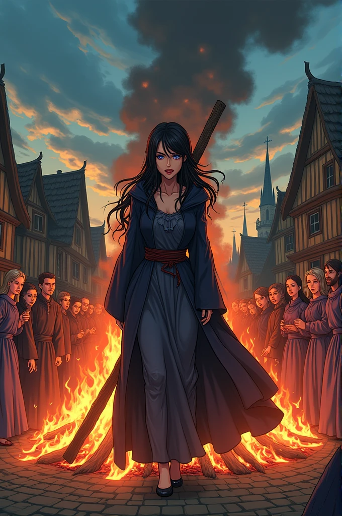 A witch being burned at the stake in the background of a medieval village in anime style