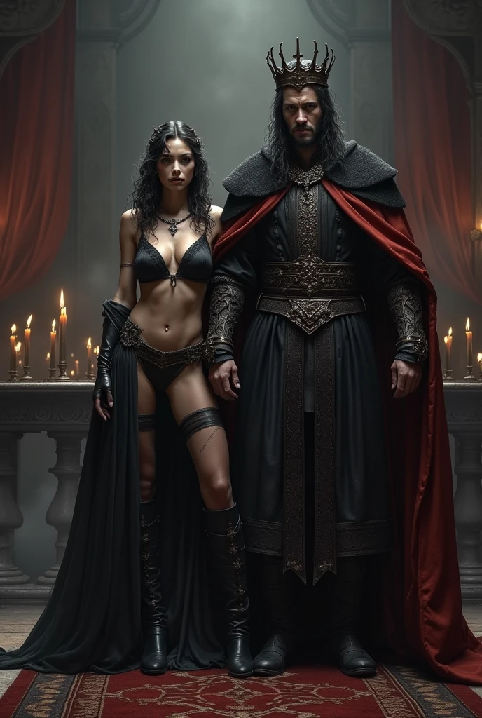 Lady Seraphina d’Aurelis, now transformed into a darker version of herself, stands beside Grim Havel during his coronation as the new king of her land. Seraphina's appearance has changed to reflect her new role—her is now very seductive and provocative, consisting of only loincloth and revealing gown in dark color symbolizing her acceptance of the dark path she has taken. Her once soft and gentle features now carry a cold, calculating expression, mirroring Havel's own. Her eyes, once filled with defiance and fear, now hold a sharp, steely resolve as she gazes upon the crowd. Havel, clad in regal black and crimson robes with a crown upon his head, exudes power and dominance as he accepts the throne. The background depicts a grand, shadowy throne room, filled with dark banners and flickering torches, emphasizing the foreboding atmosphere of the moment. The depiction should capture the dark fantasy Renaissance Era style, highlighting the sinister union of Seraphina and Havel as they claim the throne together.