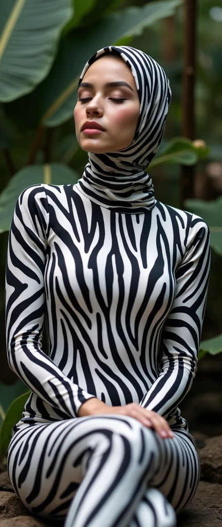 The beautiful,thin and clever asian muslimah adult girl with beautiful cheeks wears mountain zebra print lycra turtleneck unitard catsuit covered with stripes and mountain zebra print lycra elastane stretchy dancewear shawl hijab covered with stripes.She is sleeping in the zoo.She always put fake zebra print stripes that are made of animal makeup marker kit.
