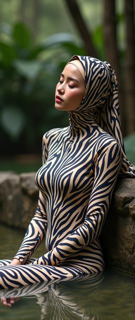 The beautiful,thin and clever asian muslimah adult girl with beautiful cheeks wears mountain zebra print lycra turtleneck unitard catsuit covered with stripes and mountain zebra print lycra elastane stretchy dancewear shawl hijab covered with stripes.She is sleeping in the zoo.She always put fake zebra print stripes that are made of animal makeup marker kit.