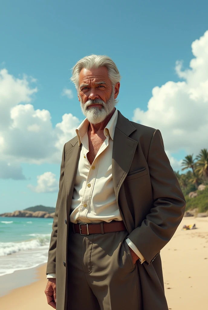  Naked English gentleman over 65 with beard on the beach  