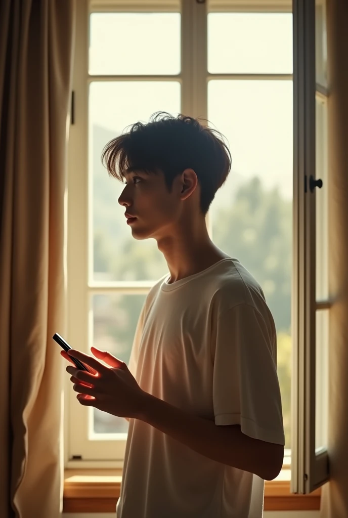 taehyung bts , open the window, wearing a white t-shirt, and while holding the cellphone