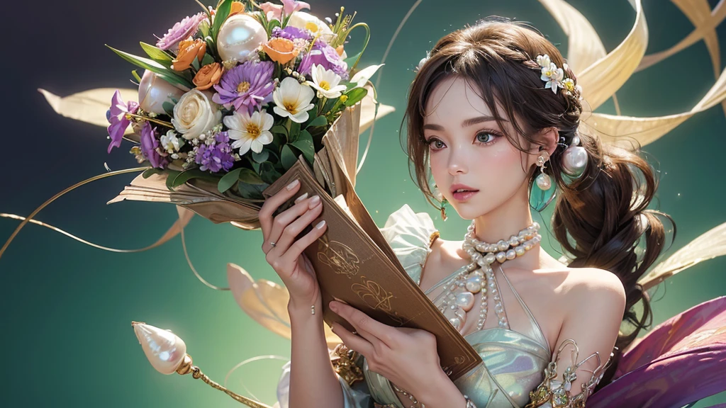 32K, 最高quality, 最高masterpiece, (ultra-Detailed Background, Detailed Background), High resolution, Super detailed, Very detailedな, 1 personの, (bouquet:1.3), (Tangled:1.2), (Geometric:1.2),(colorful),(masterpiece, quality, best quality, Official Art, Beautiful and beautiful:1.2), (1 person:1.3), Very detailed,(colorful:1.1)(Flowers:1.3),Most detailed,(Tangled:1.2), whole body, (Abstract background:1.3), (Skin glows), (Many colors:1.4), ,(Earrings Pearl:1.5), Light green background, It's imaginative., Brunette Hair, Updo, Holding a book, Holding a pen, Satin shirt,